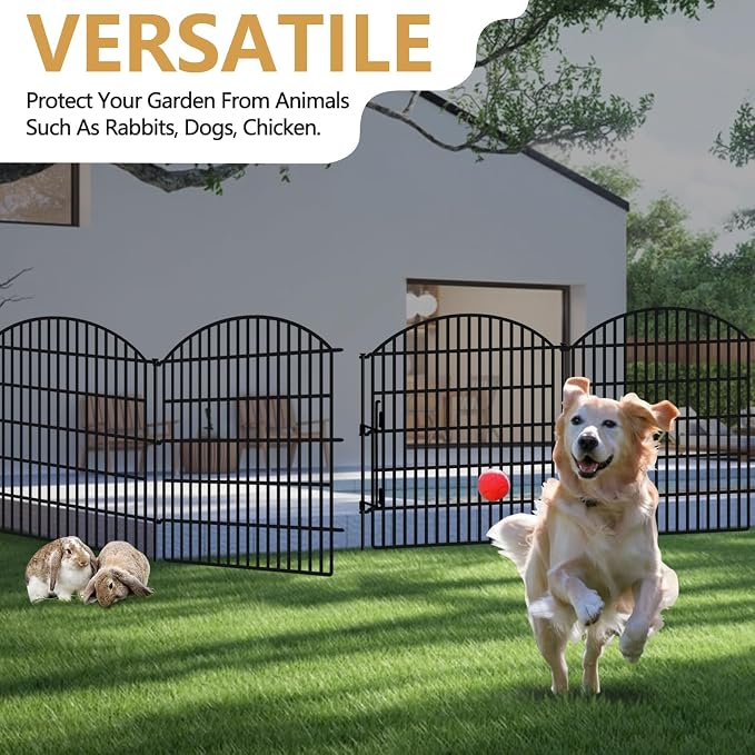 5 Panels Garden Fence Animal Barrier with Lock, 33in (H) x 12ft (L) Dog Fences Outdoor for Yard No Dig Rustproof Decorative Tall Metal Panel Border Rabbits Temporary Ground Stakes Fencing