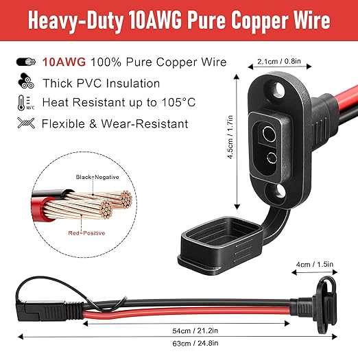 SAE Connector 2FT 10AWG, SAE Battery Quick Connect Plug Waterproof Extension Cable for Solar Panel, Street Glide, Road Glide, Motorcycle Charging Port Upgrade, RV, Solar Generator Battery Charger