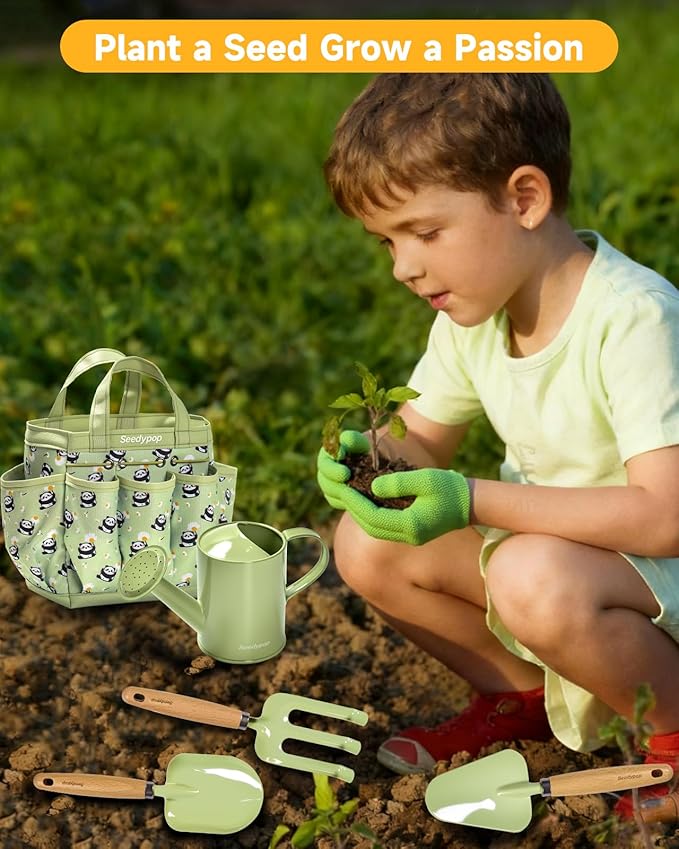 Handmade Kids Gardening Tools Set - 8Pc Artisan Garden Kit with Real Wood Handles, Metal Heads, Frog Hat, Panda Apron & Tote - Nature Learning Gift for Toddlers & Kids (Sage Green)