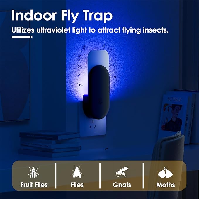 TIENBE Flying Insect Trap, 2 in 1 Indoor Plug-in Fruit Fly Trap, 1 Trap Black and 6 Glue Cards, Fruit Fly Traps for Gnat, Moth, Mosquito, Suitable for Every Part of The Home