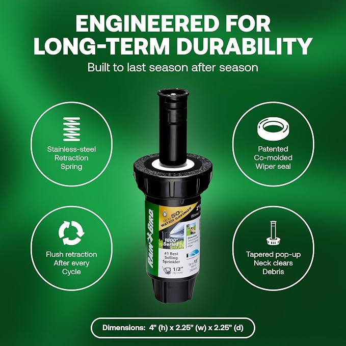 Rain Bird 1802APPRS Pressure Regulated 1800 Series Dual Spray 2 Inch Pop Up Sprinkler Head, 4 Pack -Water Efficient Lawn Sprinkler with 360 Degree Pattern, 1/2 Inch NPT, Up to 15 Ft Spray Distance