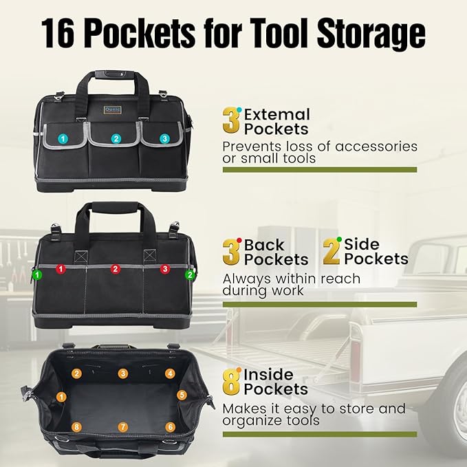 Tool Bag, Ounic 20 Inch Large Tool Tote Bag Heavy Duty With Waterproof Molded Base, Wide Mouth Tool Box Organizer with Adjustable Shoulder Strap for Electrician Mechanic Craftsman Plumbers(Black)