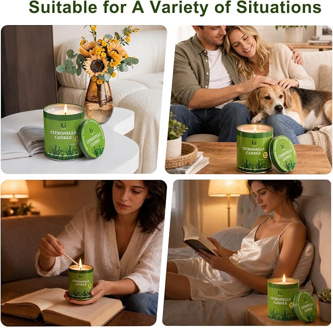Citronella Candles Outdoor, Natural Soy Wax Outdoor Candles for Patio Backyard Garden Camping, Citronella Essential Oil Blend with Rosemary Peppermint & Lemongrass, 50 Hour Burn Time, 2 Pack 9oz