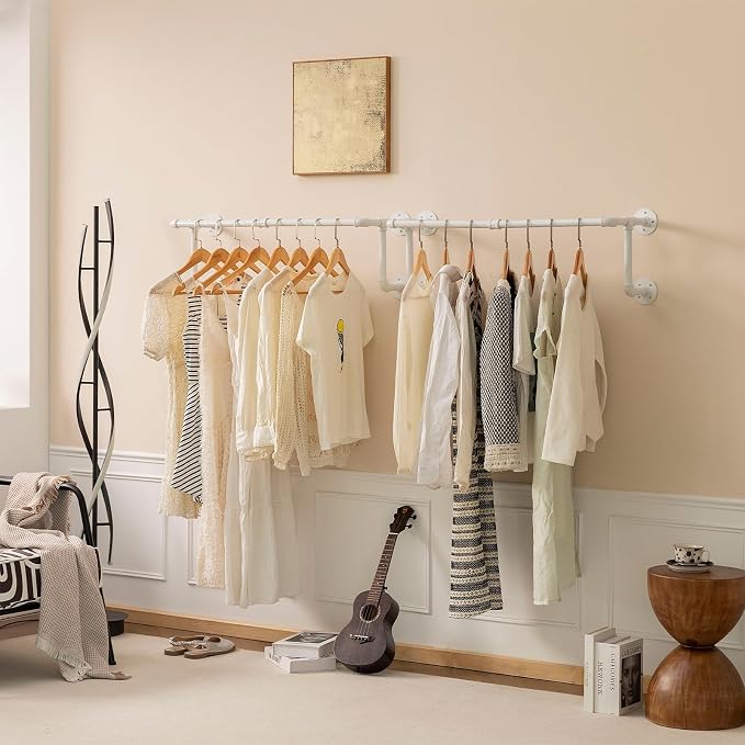 Homeyeeng Clothes Racks, Industrial Pipe Clothing Racks for Hanging Clothes, Wall Mounted Heavy Duty Space Saving Garment Racks, Multi-Purpose Clothing Hanging Rods for Closet Storage, White, 2Pcs