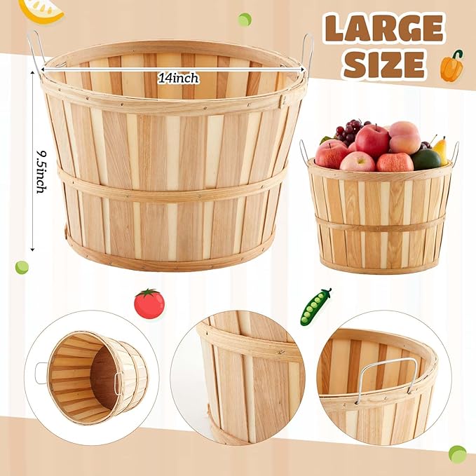 Marsui 8 Pcs Jumbo Half Bushel Baskets, 14 x 9.5 Inch Large Round Wooden Apple Basket with Handles Handcrafted Produce for Farmers Market Harvest Fruit Plants or Commercial Use