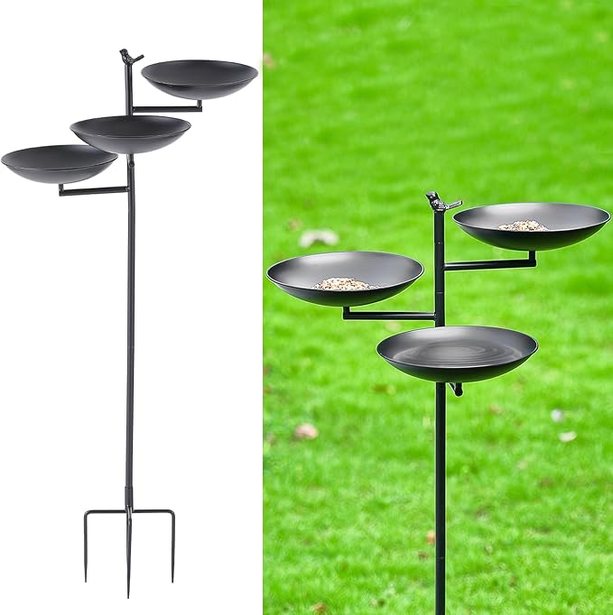 44" H Bird Bath and Feeder for Outside, 3 in 1 Metal Birdbaths for Outdoors, with 4-Prong Stake Base for Outdoors Yard Garden Patio, Black