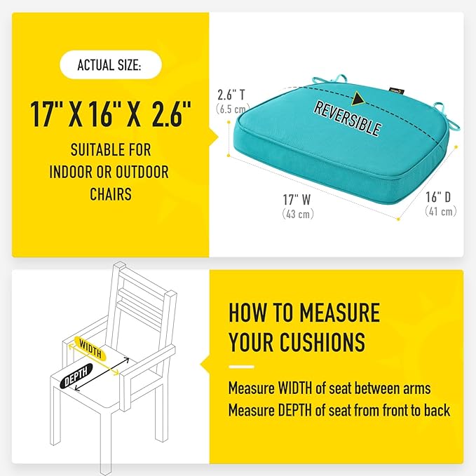 SUNROX Gel Memory Foam Chair Cushions, FadeShield Water-, Stain-Resistant Durable Reversible Seat Cushion Pads with Ties for Indoor/Outdoor Kitchen Dining Office 17"x16" Set of 6, Turquoise