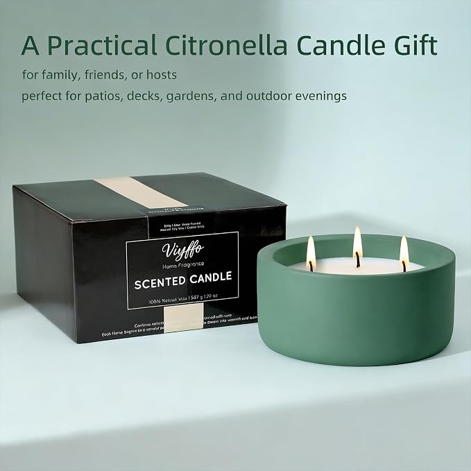 Viyffo Large Citronella Candle Outdoor, 3 Wick 20oz Citronella Candle Indoor, Non Toxic Soy Scented Candle, Green Ceramic Jar for Patio, Deck, Garden, Backyard & Camping, Home Fragrance, Décor & Gift