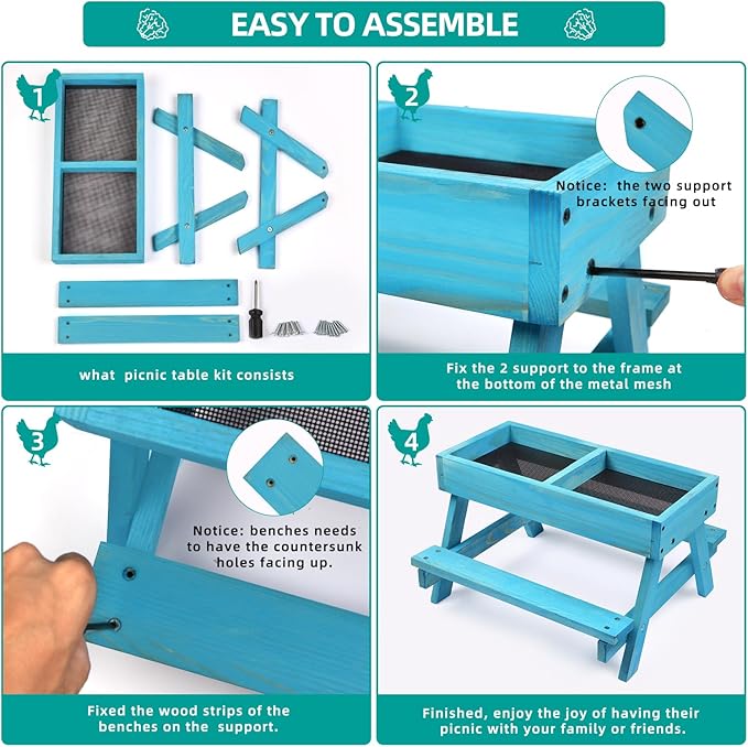 Chicken Picnic Table, Chicken Feeder No Waste Handmade Wooden, Large DIY Chicken Feeder Kit, Wild Bird, Duck & Squirrel Feeders, Mesh Bottom Keep Food Fresh and Dry Easy to Clean and Fill（Blue Paint）