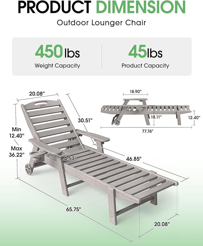 Lounge Chair Outdoor Set of 2, HDPE Chaise Lounge Outdoor with 5-Position & Wheels &Cup Holder, Pool Lounge Chair for Pool Poolside Deck Backyard Patio, Light Grey