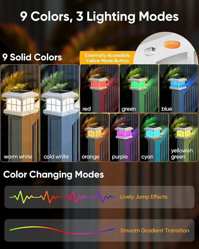 PARTPHONER RGBCW Solar Post Cap Lights 12-Pack, 9 Colors 3 Modes Fence Cap Lights, Bright Solar Outdoor Waterproof LED Deck Lighting for Fence Garden Deck Patio Porch Decor 4x4 Vinyl/Wood, White