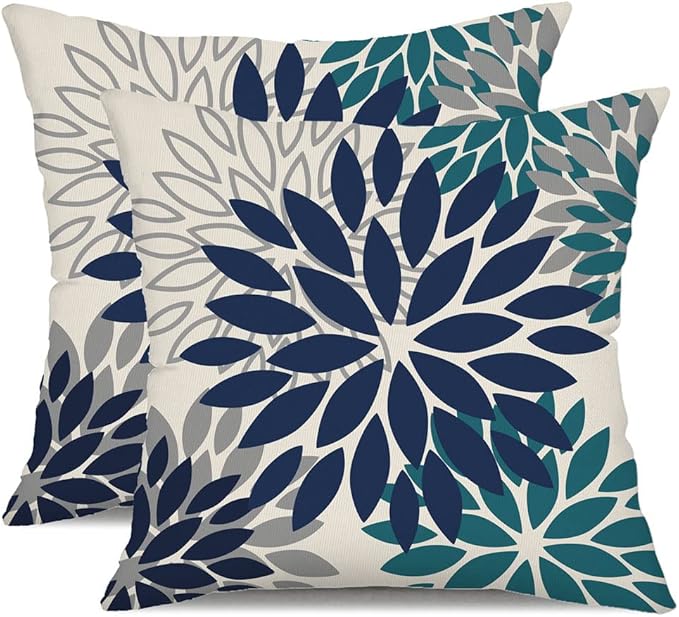DFXSZ Navy Blue Flower Pillow Covers 16x16 Inch Set of 2 Outdoor Throw Pillows Outdoor Waterproof Decor for Living Room Sofa Patio Funiture Garden Floral Polyester Pillow Covers 002X16