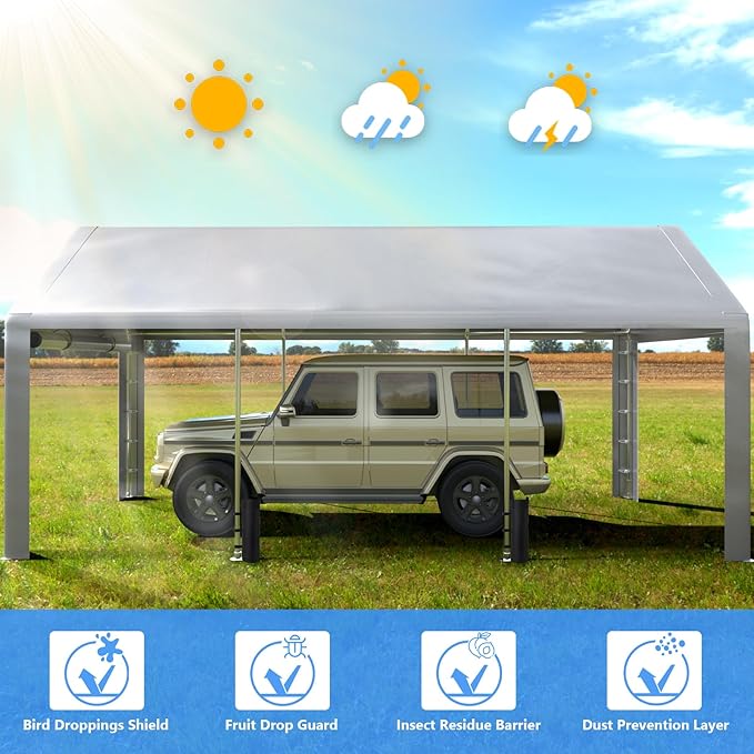 Jocoevol Carport 13x21 FT Enclosed Carport with Roll-up Windows, Portable Garage with Removable Sidewalls & Doors, Car Canopy Tent with Sandbags All-Season Tarp for Car Boat Truck Motorcycle