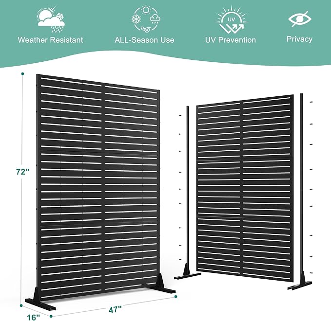 Metal Privacy Screen for Outdoor & Indoor Use, Free Standing Privacy Screen for Patio Garden Pool, 72" H x 47" W Decoative Privacy Panels, Weather Resistant, Easy Assembly (Black Louvered)