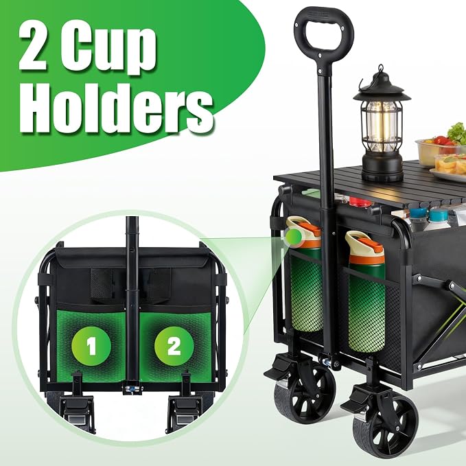 500LBS Collapsible Folding Wagon Carts with Table - 230L Large Foldable Collapsible Portable Wagon Cart with Breaks, Heavy Duty & All-Terrain Swivel Wheels for Camping Shopping Garden & Fish