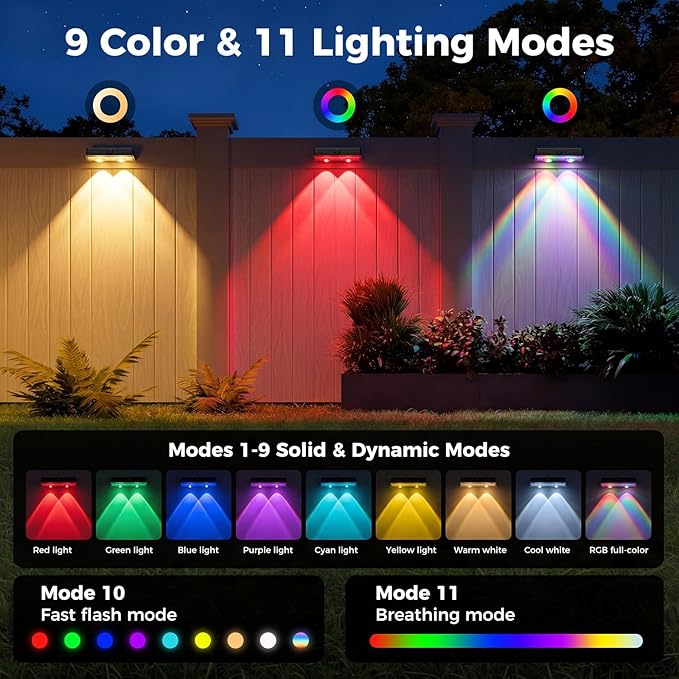 kolpop 8 Pack Solar Fence Lights Outdoor,11 Modes & 9 Colors Fence Lights Solar Powered,IP65 Waterproof, 60LM LED Solar Lights for Patio,Backyard,Outside,Railing,Wall,Nighttime,Party