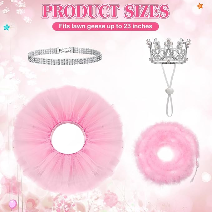 4 Pcs Princess Porch Goose Outfit for 23" 17" Cement Lawn Goose Costume Crown Necklace Tutu Skirt Feather Trim for Princess Outdoor Garden Lawn Art Decor(Pink)