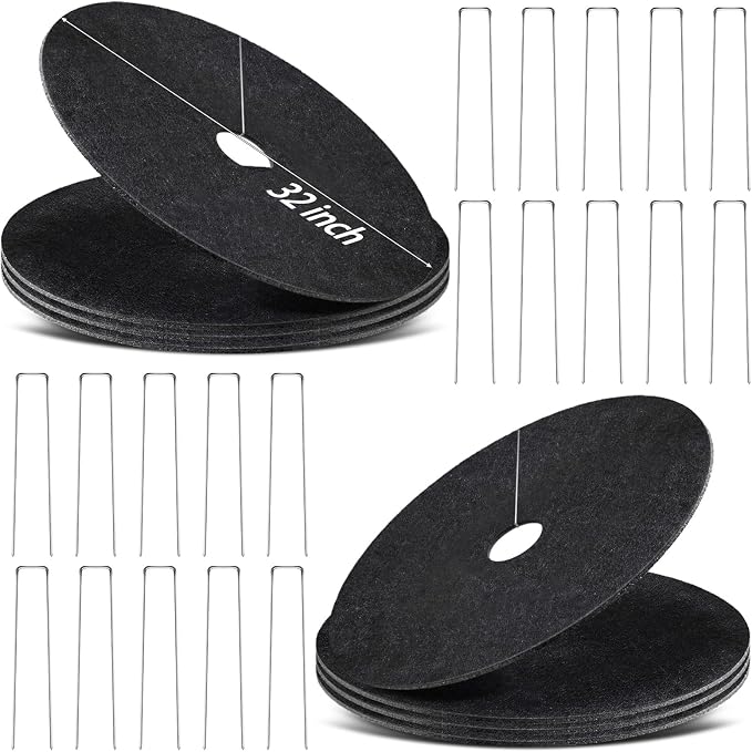 8 Pack Non-Woven Tree Mulch Ring 32 Inch Degradabl Tree Protection Mat Weed Barrier Round Mats with 20 Staples Stakes for Weed Growth RootProtection Resistant and Reusable