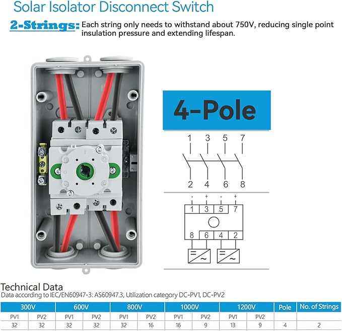 Waterproof IP66 Solar Disconnect Switch 4-Pole DC 1500 32 Isolator Solar Switch with Enclosure for Rooftop Solar Systems, RVs and Boat Black