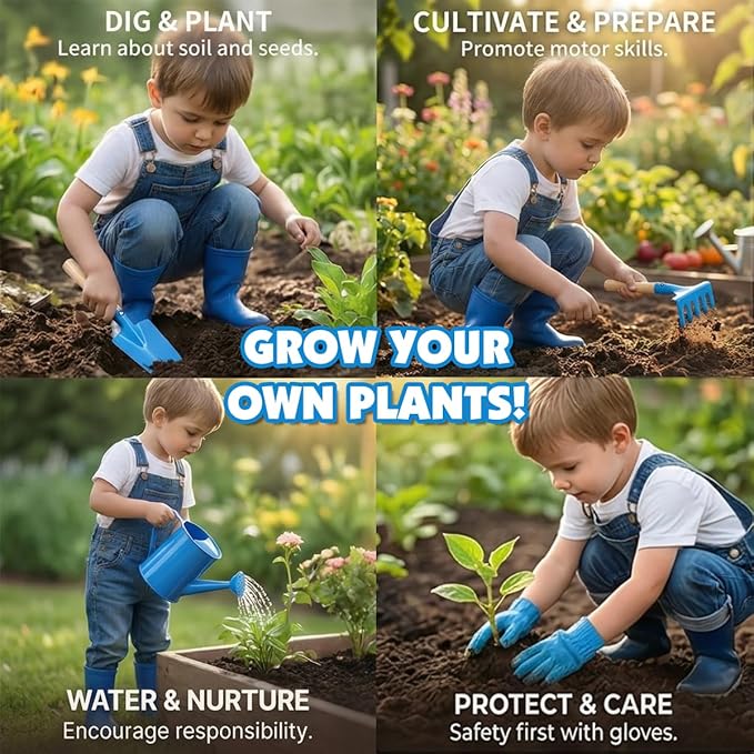 Kids Gardening Tools Set, Toddler Play Kit Child Outdoor Toy with Gloves, Watering Can, Metal Shovel, Rake, Spade & Storage Bag, Backyard Sand Digging Holiday Birthday Gift for Boy Girl 3 4 5 (Blue)