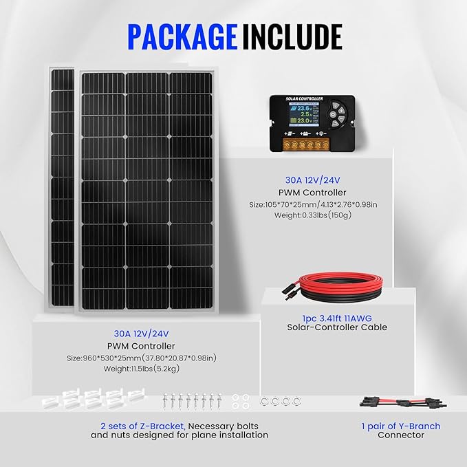 100W Monocrystalline Solar Panel Kit with 30A PWM Controller - 12V/24V High Efficiency Solar Panel for RV, Boat, Cabin, Off-Grid System-2pack