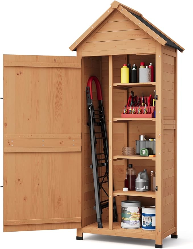 Outdoor Storage Shed, Small Waterproof Garden Tool Shed with 4 Shelves & Lockable Door, Compact Wood Storage Cabinet for Patios, Backyards, Balconies, Natural