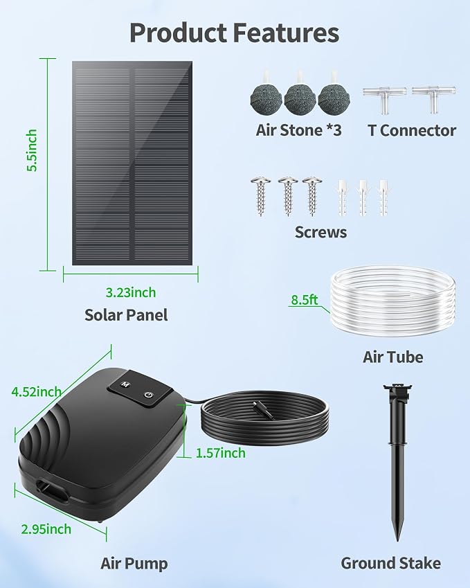 POPOSOAP 2W Solar Pond Aerator, Solar Air Pump for Pond with 1500 mAh Battery Backup, 3 Modes & Separated Solar Panel for Small Outdoor Pond Fish Tank Hydroponics P9215