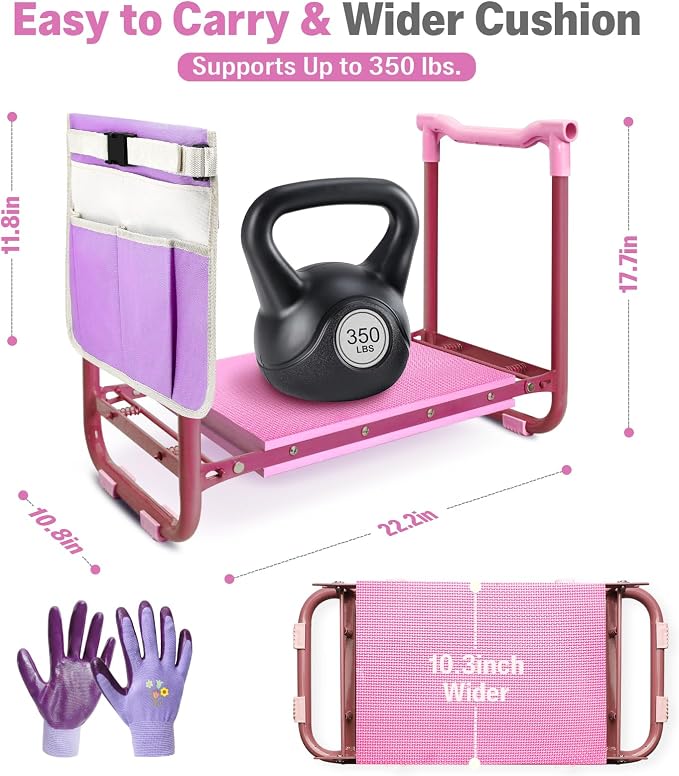 Garden Kneeler and Seat Heavy Duty, Foldable Gardening Stool Bench with Widened Thick Soft Kneeling Pad and Tool Pouches - 2-in-1 Portable Kneeling Device for Seniors (Purple)