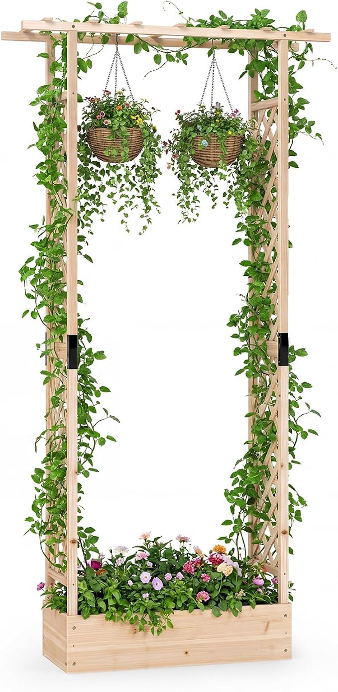 HAPPYGRILL 89" Raised Garden Bed with Trellis & Hanging Roof, Wooden Planter Box with 4 Drainage Holes, Outdoor Wood Elevated Garden Bed for Climbing Plants Vines Vegetables Flowers (Natural,1)