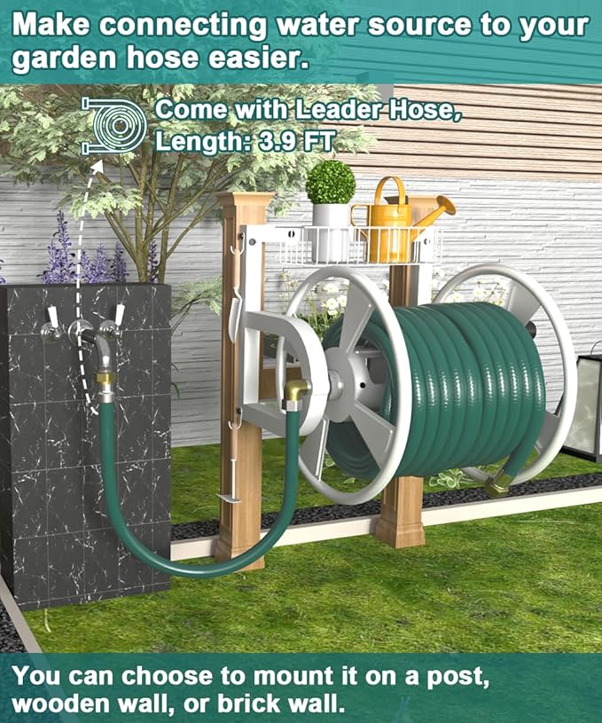 Artigarden Outdoor Wall Mounted Hose Reel with Hook, Garden Heavy-Duty Water Hose Holder Winder with 3.9 ft Leader Hose, Brass Fitting and Storage Basket for Yard, Holds 125 Ft of 5/8-Inch Hose, White