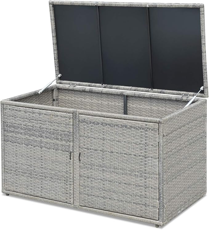 RELAX4LIFE PE Wicker Storage Box - Outdoor 88 Gallon 2-Tier Deck Box for Patio Furniture Toys Storage w/Lid & Front Doors, All Weather Rattan Storage Bin for Backyard Garden Poolside Porch (Grey)