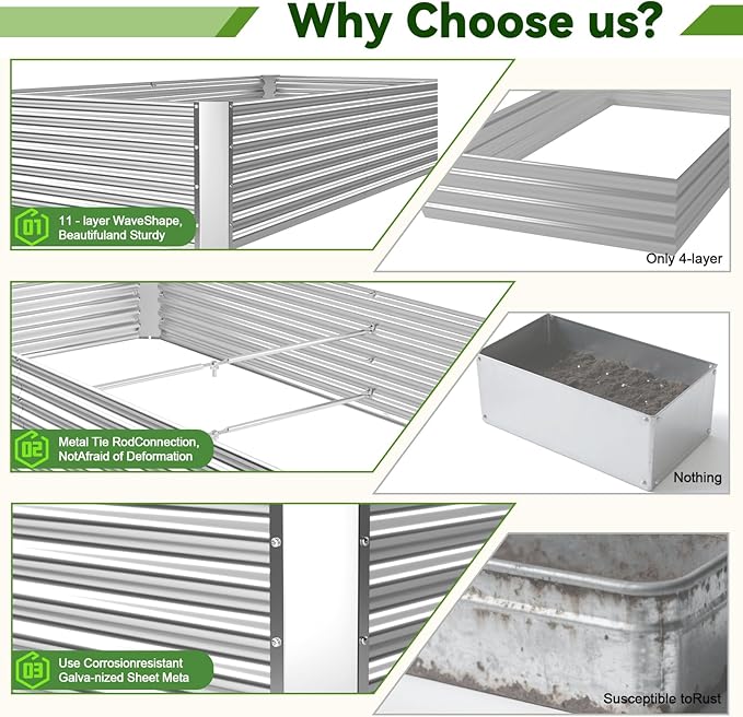 3 Pack 6x3FT Raised Beds for Gardening, Corrugated Galvanized Steel Raised Garden Bed, Outdoor Metal Above Ground Garden Bed for Vegetables and Flowers(Rectangular)