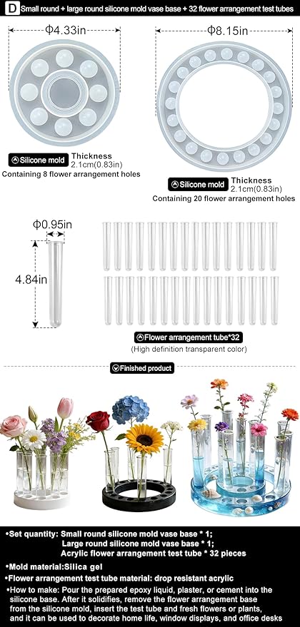 Flower Vase Resin Molds Silicone， Circular and Curved Silicone vase Base+32 Flower Arranging Test Tubes, Suitable for Inserting Fresh Flowers and Cultivating Plants, Desktop Vases Home Decor (D)