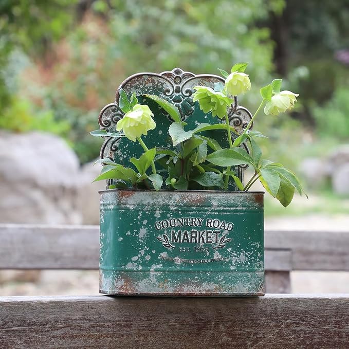 All Chic Set of 2 Metal Hanging Wall Planters Outdoor Indoor Mail Wall Mounted Planter Antique Shabby Chic Wall Decor (Green)