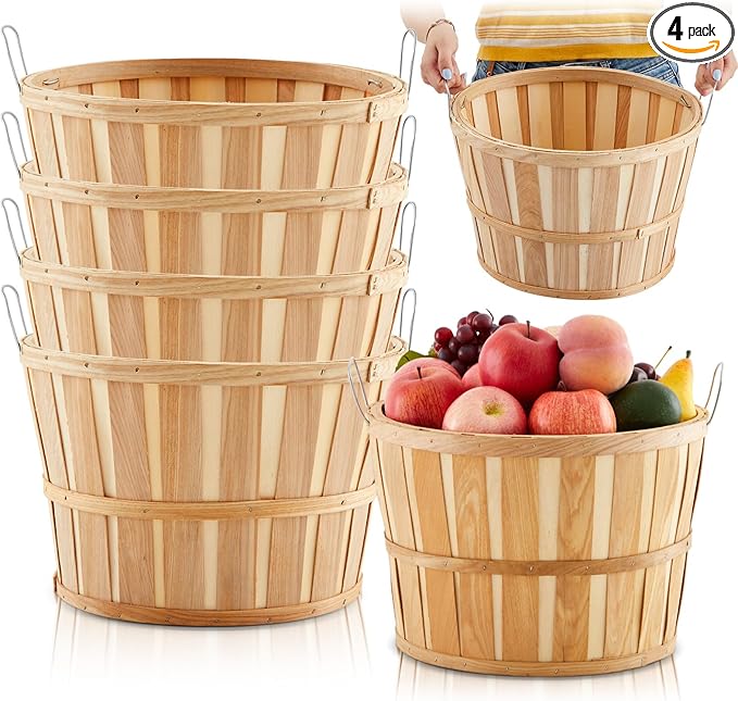 Marsui 4 Pcs Jumbo Half Bushel Baskets, 14 x 9.5 Inch Large Round Wooden Apple Basket with Handles Handcrafted Produce for Farmers Market Harvest Fruit Plants or Commercial Use