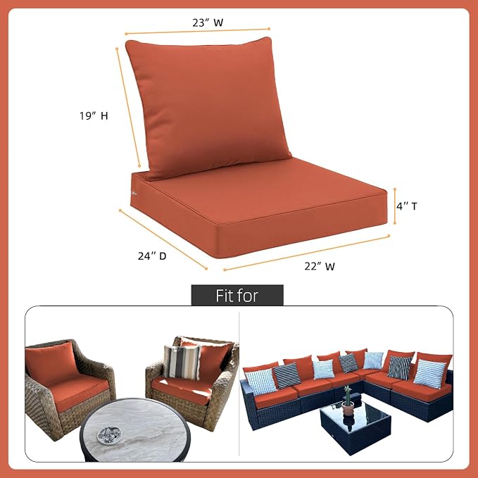 Favoyard Outdoor Seat Cushion Set 22 x 24 Inch Waterproof & Fade Resistant Patio Furniture Cushions with Removable Cover Deep Seat & Back Cushion with Tie Straps for Chair Sofa Couch