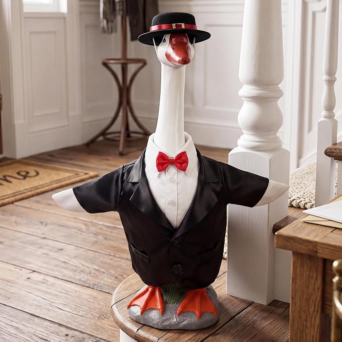 Porch Goose Statue with Gentleman Black Siut Outfits- 19.5" Garden Resin Goose Decorative Figurine Cute Sculpture for Outdoor Indoor Patio Lawn Yard Balcony Decor Housewarming Gifts