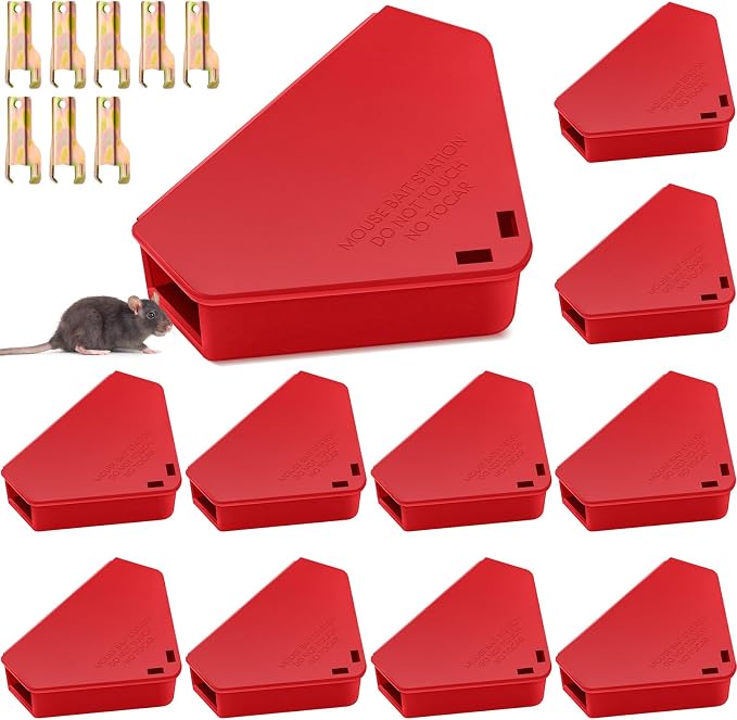 Qualirey 12 Pcs Mice Station with Key Triangle Mouse Station Lockable Reusable Bait Box, Enclosed Design for Indoor and Outdoor Use, Suitable for Small Mice (Red)