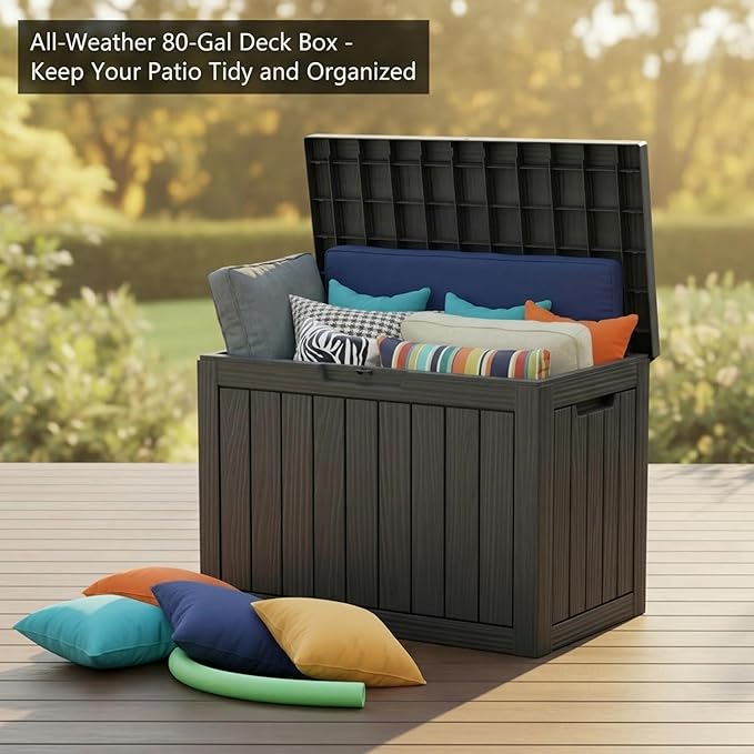 80 Gallon Resin Deck Box, Outdoor Storage Container for Patio Furniture Cushions, Garden Tools, Pool Accessories & Yard Equipment - All-Weather, Lockable, Wood Grain Design
