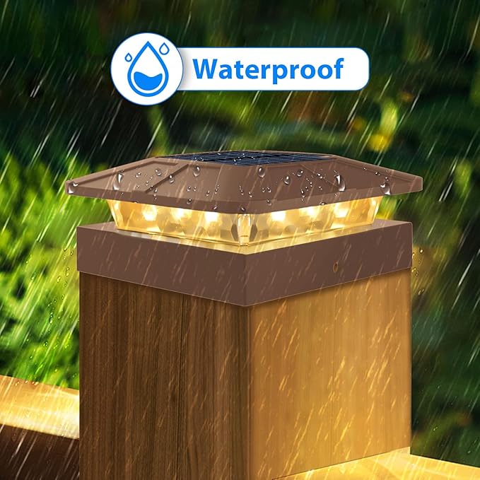 Peasur 6 Packs 4x4 Post Solar Lights with 3 Modes, Waterproof LED Solar Cap Lights for 4×4/3.5×3.5 Wood/Vinyl Posts, Brown Post Top Lighting Outdoor for Fence Deck Mailbox Porch Railing