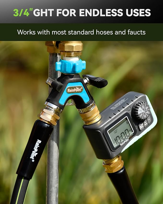 RAINPOINT Garden Hose Splitter 2 Way, All Metal Heavy Duty Water Hose Y Splitter With 2.05" Extra Long Side Handle & Shut Off Valves, 3/4 Inch GHT Thread Connector For Outdoor Spigot Faucet (Blue,2)