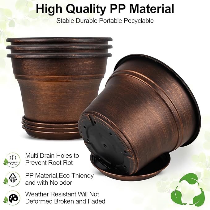 Fodetyff 10 Inch Planters Plant Pots Indoor Outdoor, 4 Pack Plastic Flower Pot for Indoor Plants with Drainage Holes & Trays, Resin Decorative Container Sets with Saucer for House Garden Copper