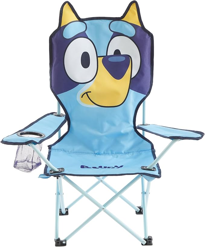 Bluey Kids Folding Camp Chair, Portable Outdoor/Indoor Chair with Carry Bag, Cup Holder, High Back, Lightweight & Durable for Ages 3+