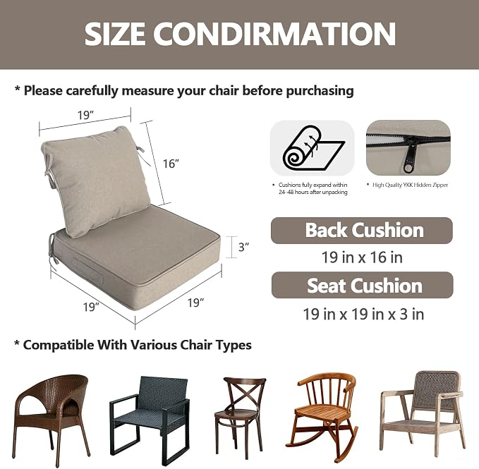 Goodgoods 19"x19" Outdoor Universal Cushion Set of 1 Water-Proof Stain-Resistant UV Resistant Weather Resistant High Resilience Foam Patio Cushions with Handles & Ties Riverbed