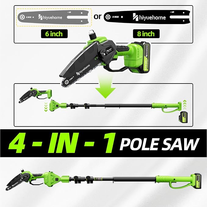 21V Cordless Pole Saw, 4-in-1 180° Rotatable Electric Tree Trimmer with 6/8 Inch Guide Bars,4000mAh Battery & Fast Charger, Telescopic Pole, Brushless Motor for Garden/Farm/Camping