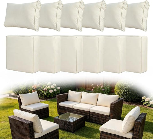 12 Pcs Patio Cushion Covers, Outdoor Rattan Sectional Sofa Cushion Covers, Replacement Washable & Reusable Furniture Protector for Patio Couch(12Pcs-Beige, 25.6 * 25.6 * 4-inch)
