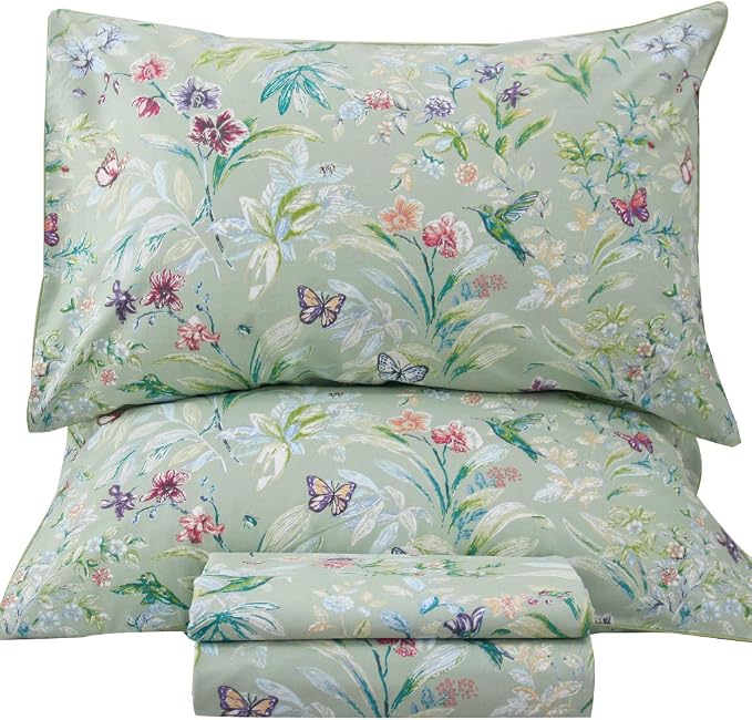 QSH Floral Full Size Sheet Sets - Green Flower Bird Butterfly Print Botanical Bedding Egyptian Cotton Printed Sheets Full Size Bed Extra Soft and Breathable 4pcs Deep Pockets Bed Sheets