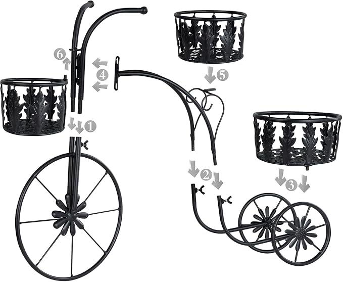 Metal Bicycle Planter Stand, 3 Tier Flower Pot Stand Cart with 3 Plant Buckets, Outdoor Garden Decorative Planter for Yard Patio Lawn Flower Shop Home Decor (Black)