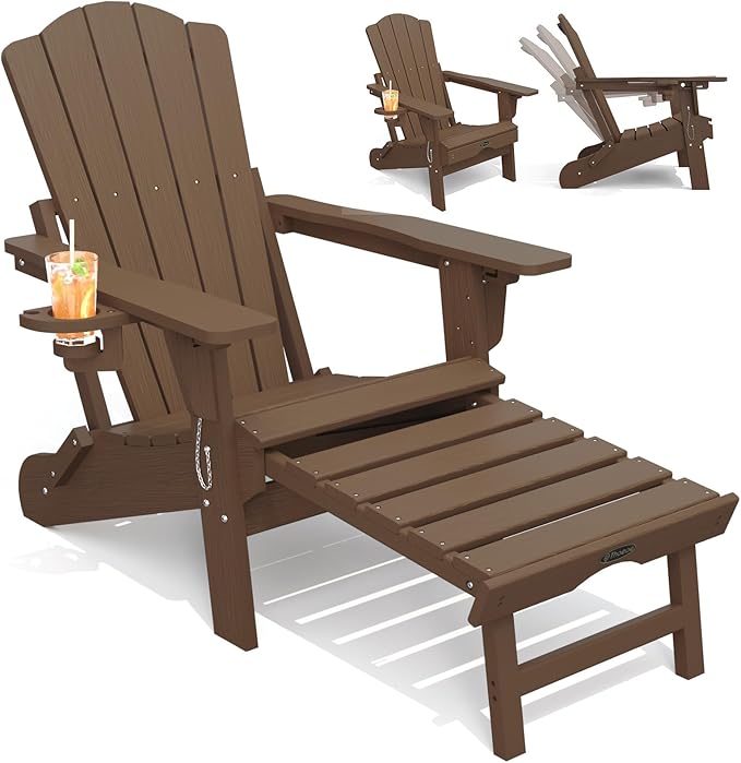 THOEOE Folding Adjustable Adirondack Chairs with Ottoman & 1 Cup Holders, HDEP Multifunctional Adirondack Chair with Footrest,Brown