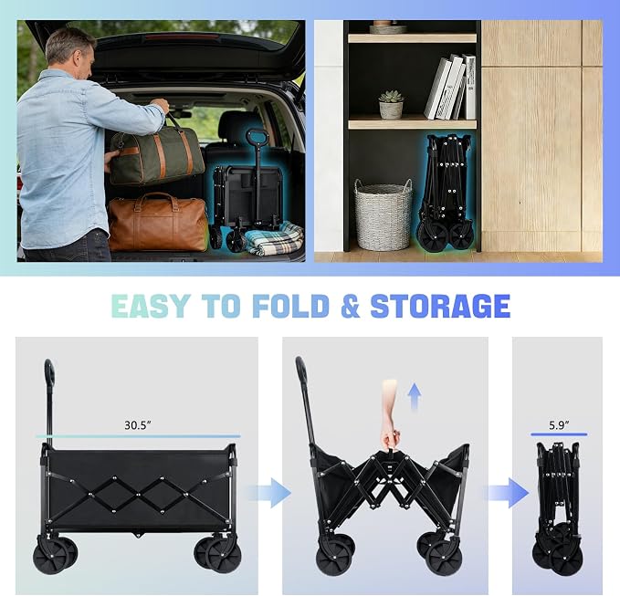 280LBS Collapsible Wagon Cart with Wheels - Heavy Duty Folding Wagon Carts for Grocery, Lightweight Utility Wagon with All-Terrain Wheels & 2 Cup Holders, Portable Beach Wagon for Shopping Garden